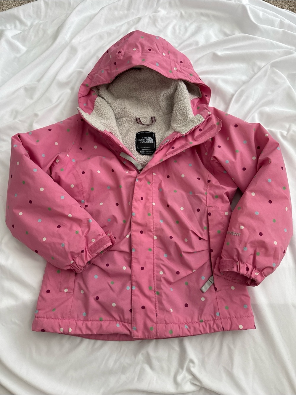 The North Face Pink Polka Dot Hooded Kids Rain Jacket